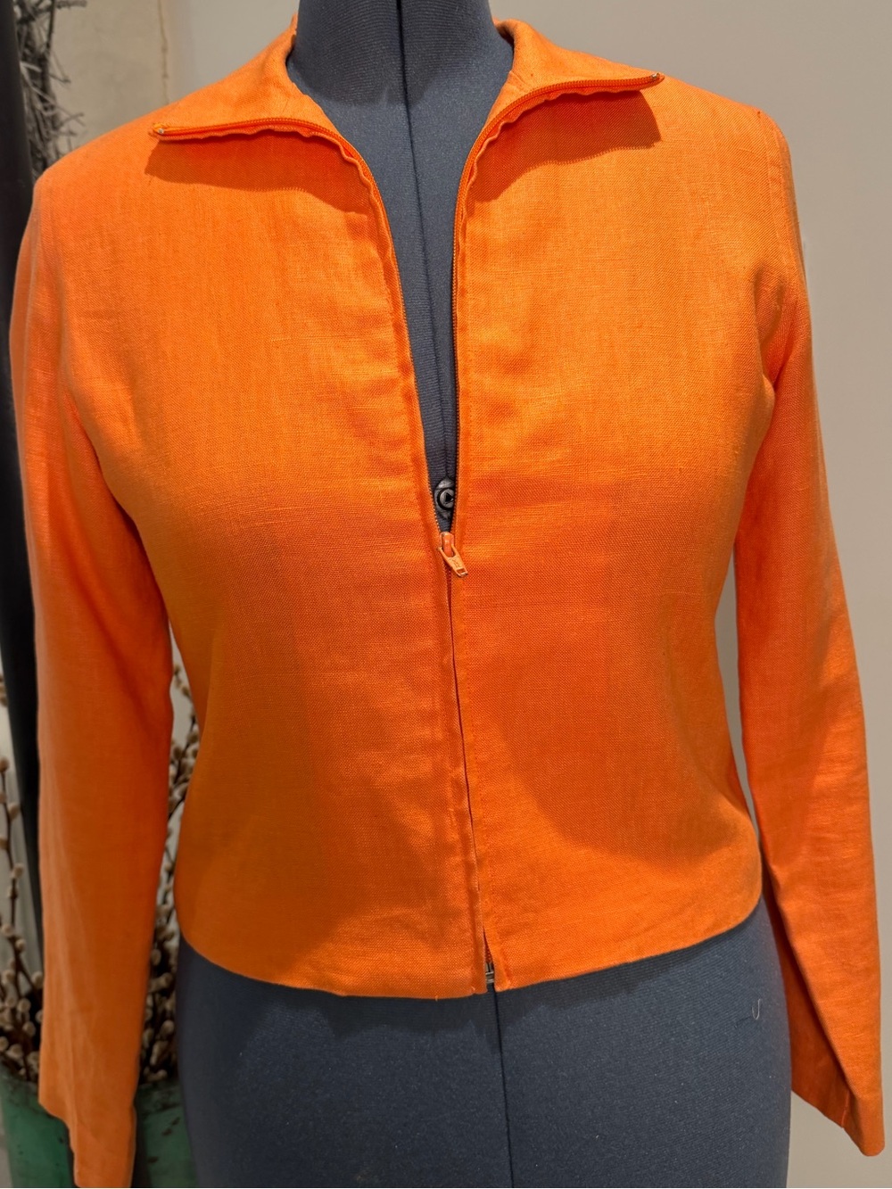 Vintage 80s Linen Zip-Front Jacket | Tangerine | No Label approx sz M